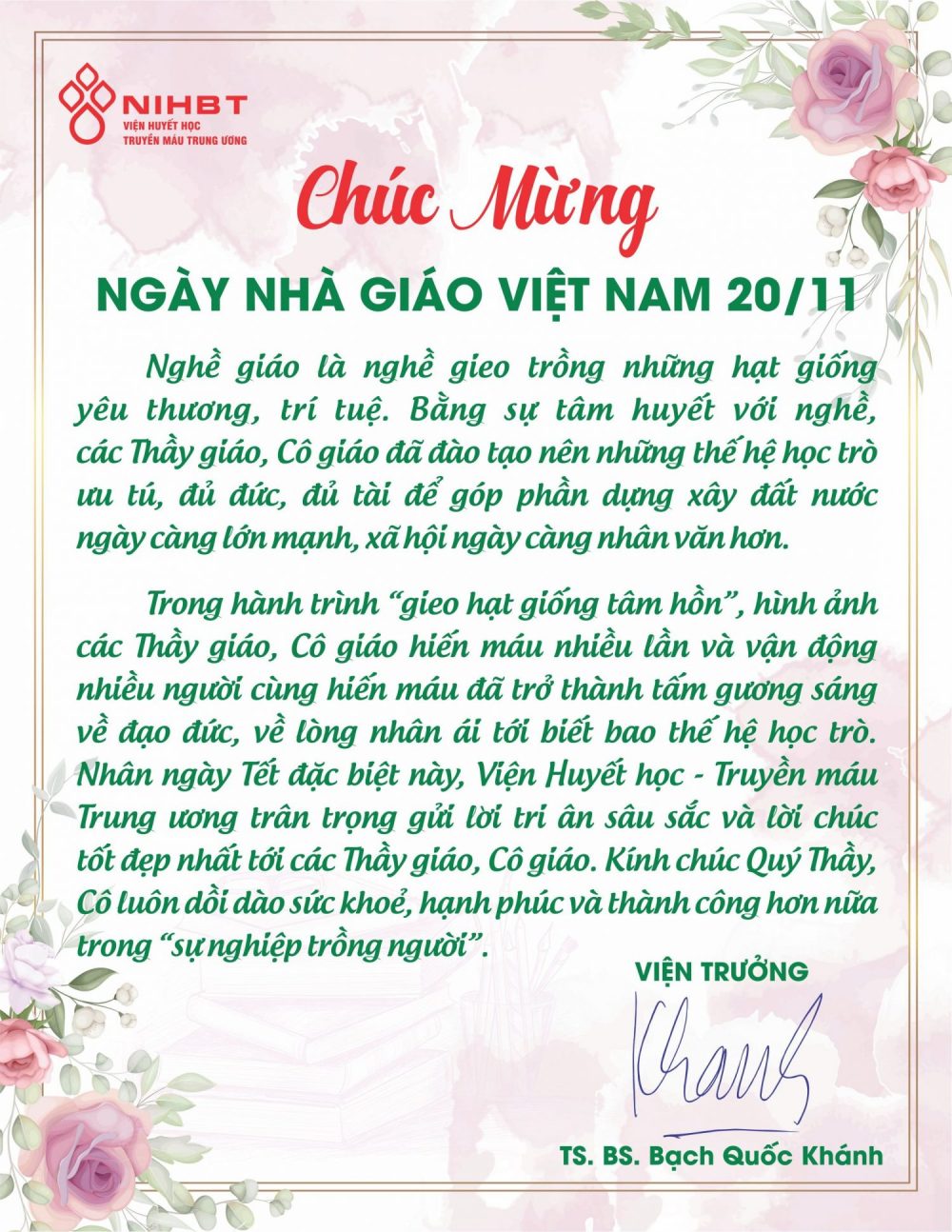 Chúc mừng ngày Nhà giáo Việt Nam 20/11 - Viện Huyết học - Truyền máu Trung  ươngViện Huyết học – Truyền máu Trung ương
